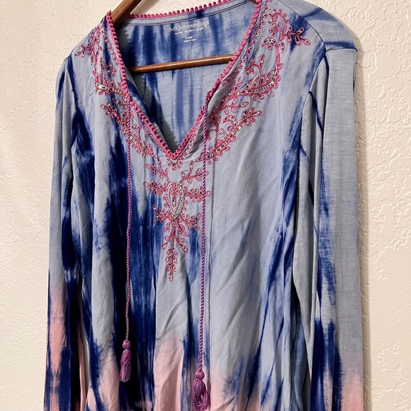 Soft Surroundings Medina Tie Dye Tunic Top Pink Blue Sequin Embroidered Tassels - Picture 3 of 6